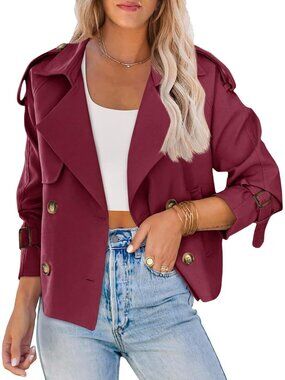 Women's Maroon Cropped Raglan Sleeve Lapel Collar Double Breasted Trench Coat